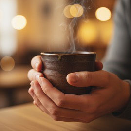 man holding hot tea pot, cup