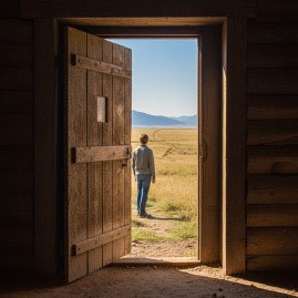 man standing outside a barn